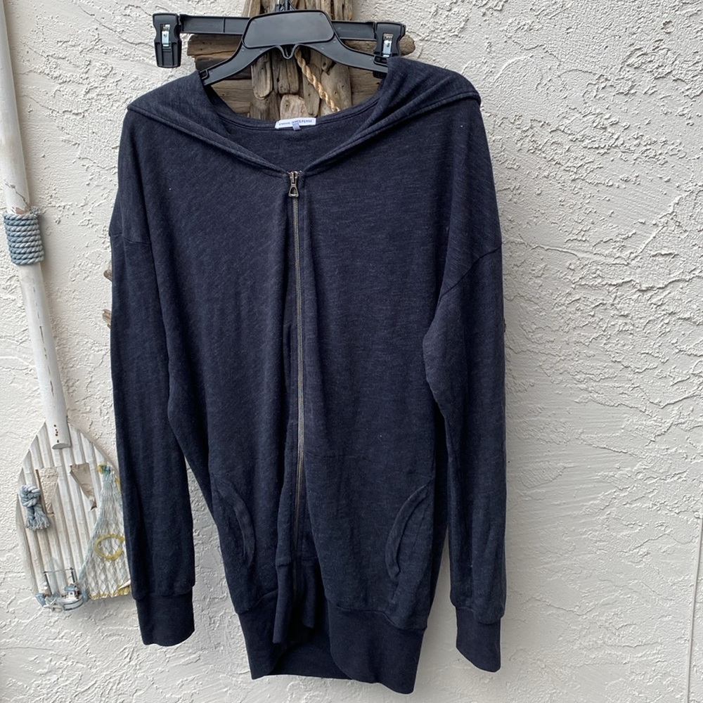 James Perse size 3 zippered sweater in heather dark grey with hood. EUC.